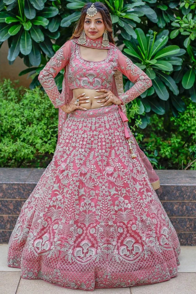 Pink Embroidered Net Lehenga