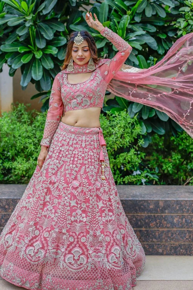 Pink Embroidered Net Lehenga