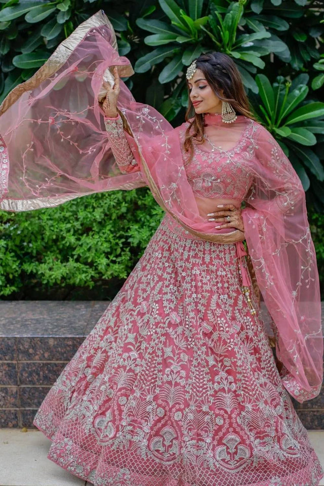 Pink Embroidered Net Lehenga