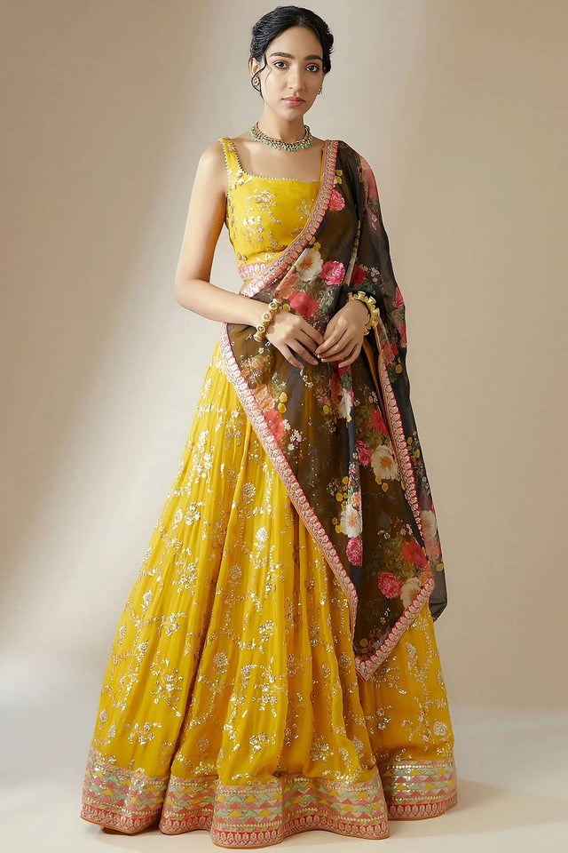 Yellow Embroidered Georgette Lehenga