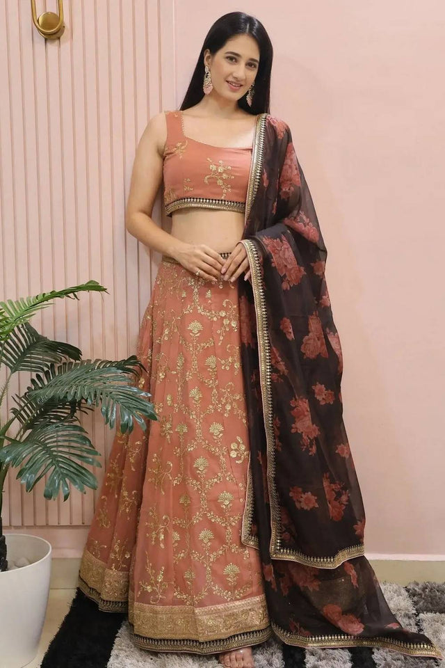 Pink Embroidered Georgette Lehenga