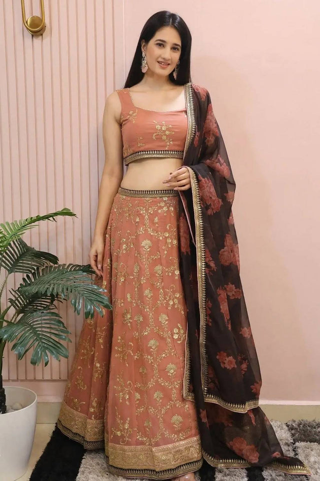 Pink Embroidered Georgette Lehenga