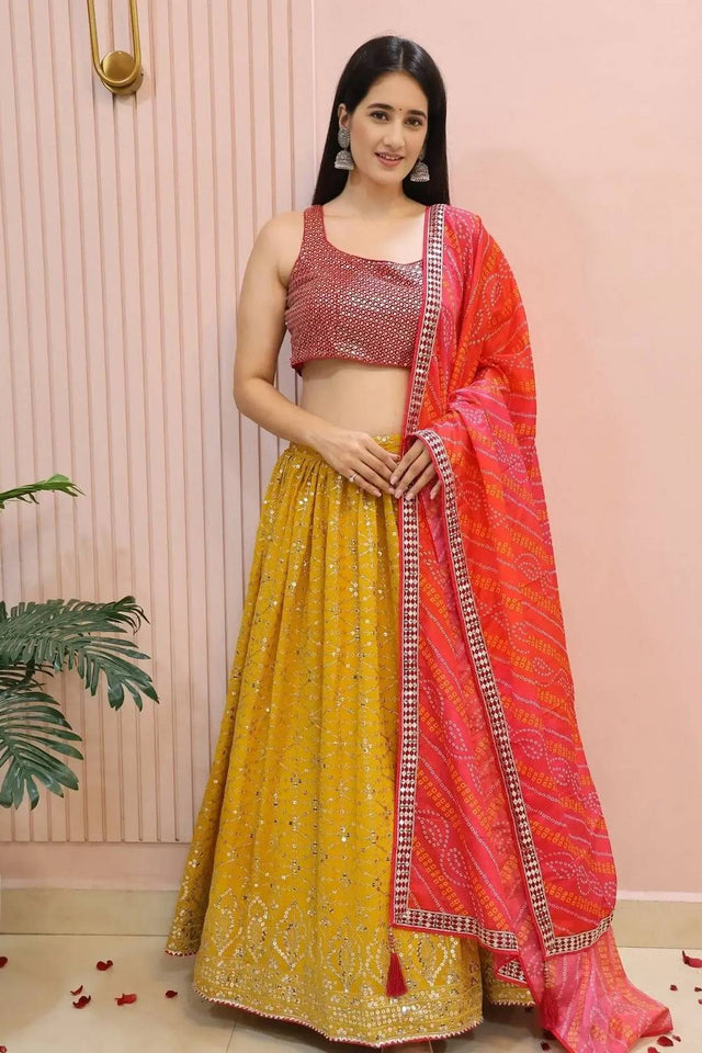 Yellow Sequin Georgette Lehenga