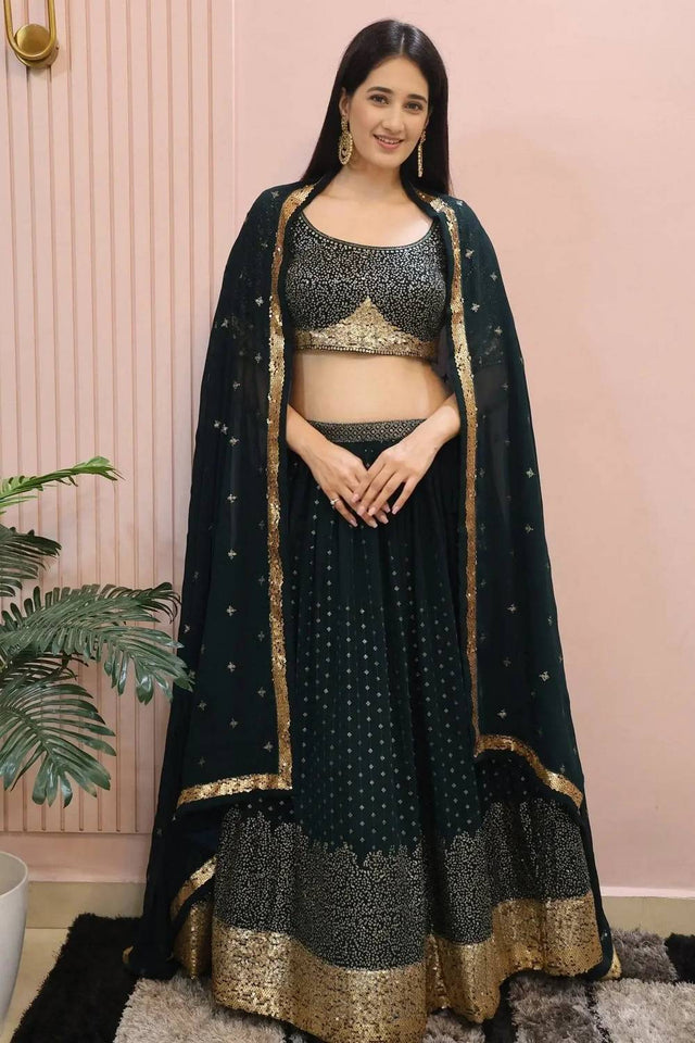 Green Sequin Georgette Lehenga