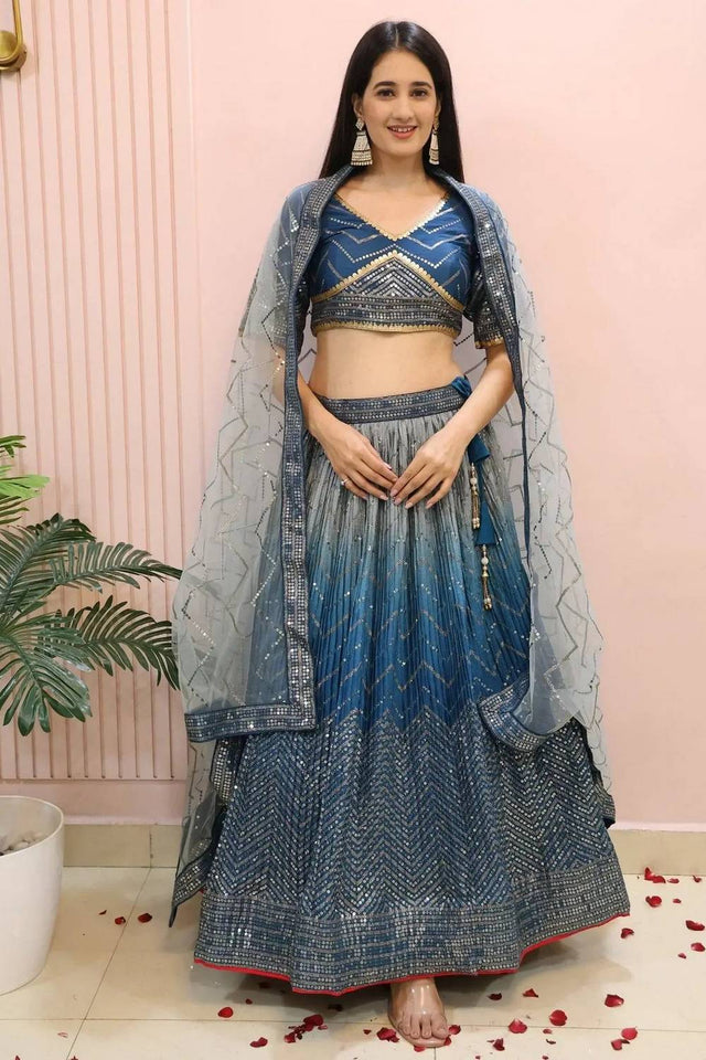 Blue Sequin Chinon Lehenga