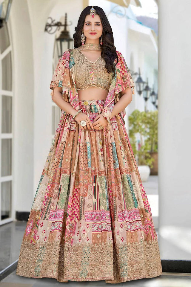 Beige Printed With Zari Work Chinon Lehenga