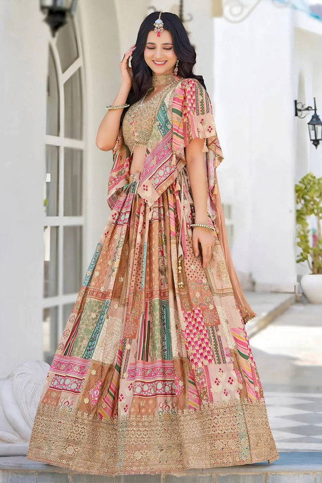 Beige Printed With Zari Work Chinon Lehenga