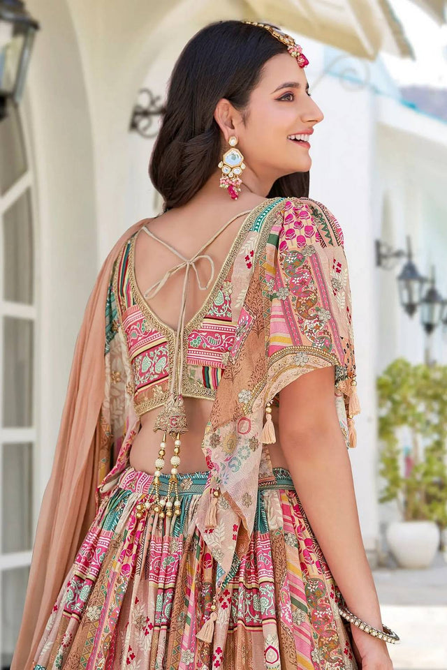 Beige Printed With Zari Work Chinon Lehenga