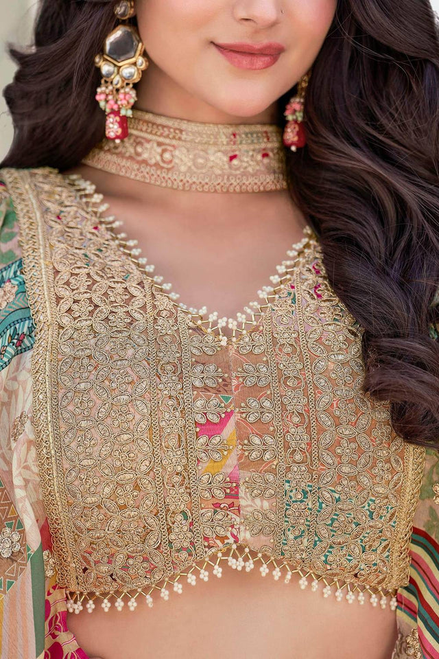 Beige Printed With Zari Work Chinon Lehenga