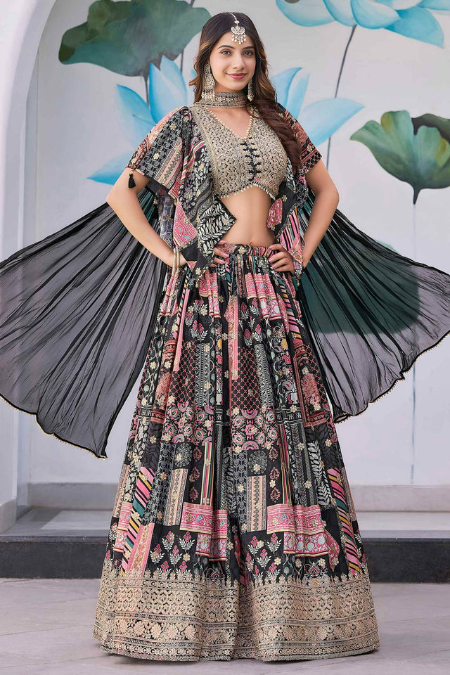 Black Printed With Zari Work Chinon Lehenga