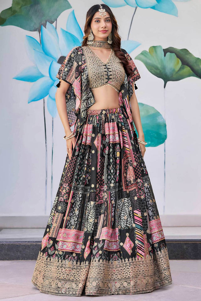 Black Printed With Zari Work Chinon Lehenga