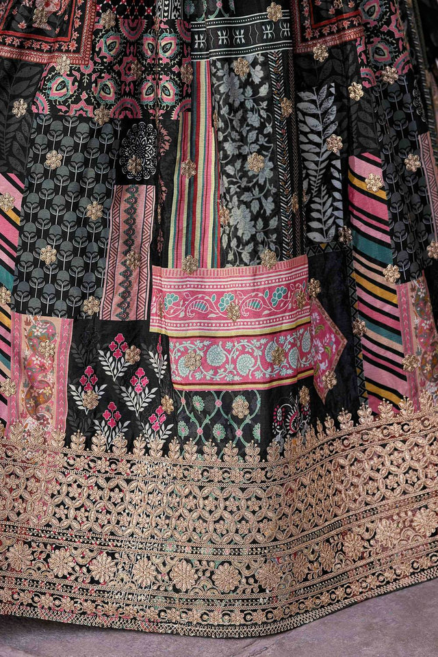 Black Printed With Zari Work Chinon Lehenga