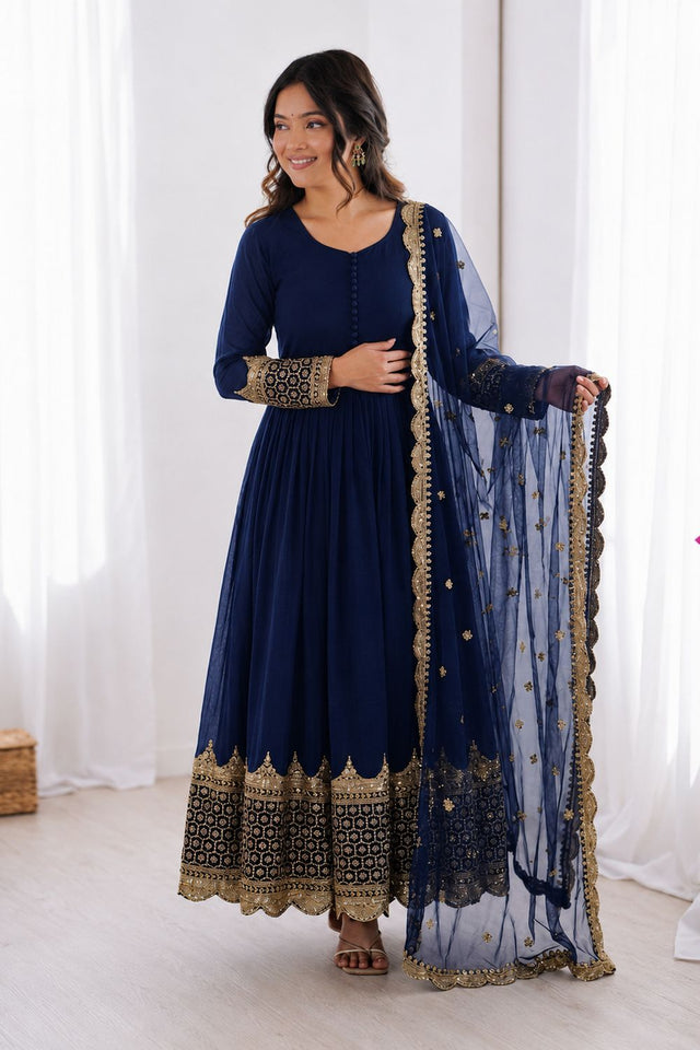 Blue Embroidered Georgette Gown (ZF-194-blue)