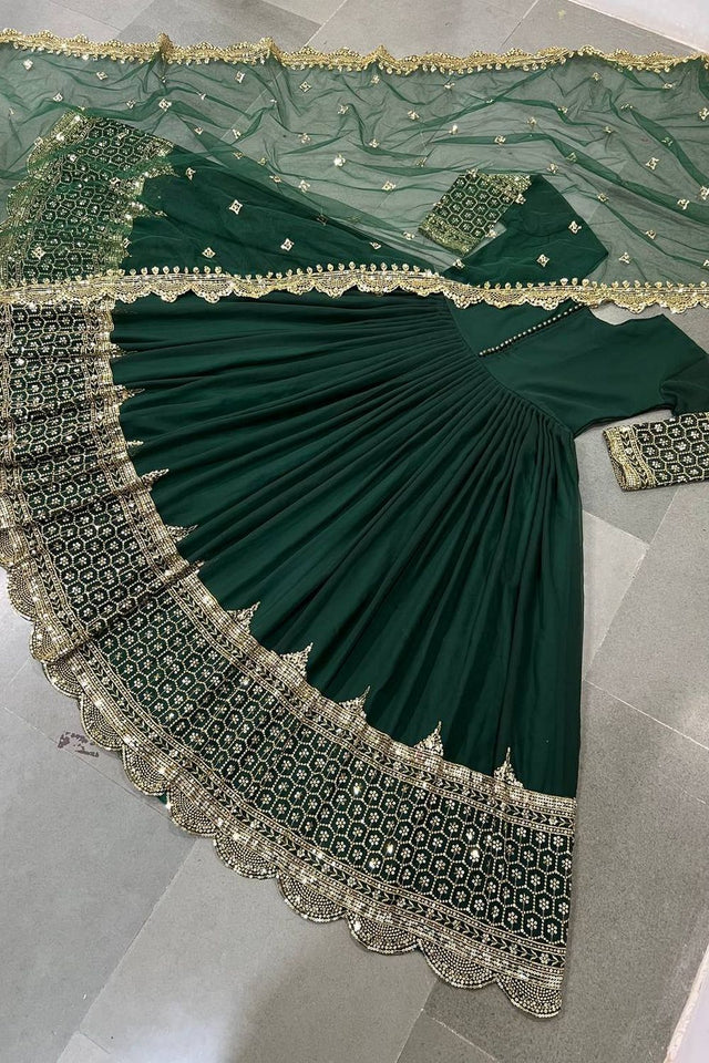 Dark Green Embroidered Georgette Gown (ZF-194-dark green)