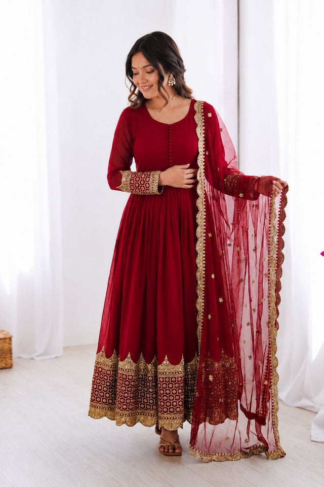 Dark Pink Embroidered Georgette Gown (ZF-194-rani pink)