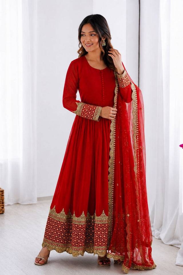 Red Embroidered Georgette Gown (ZF-194-red)