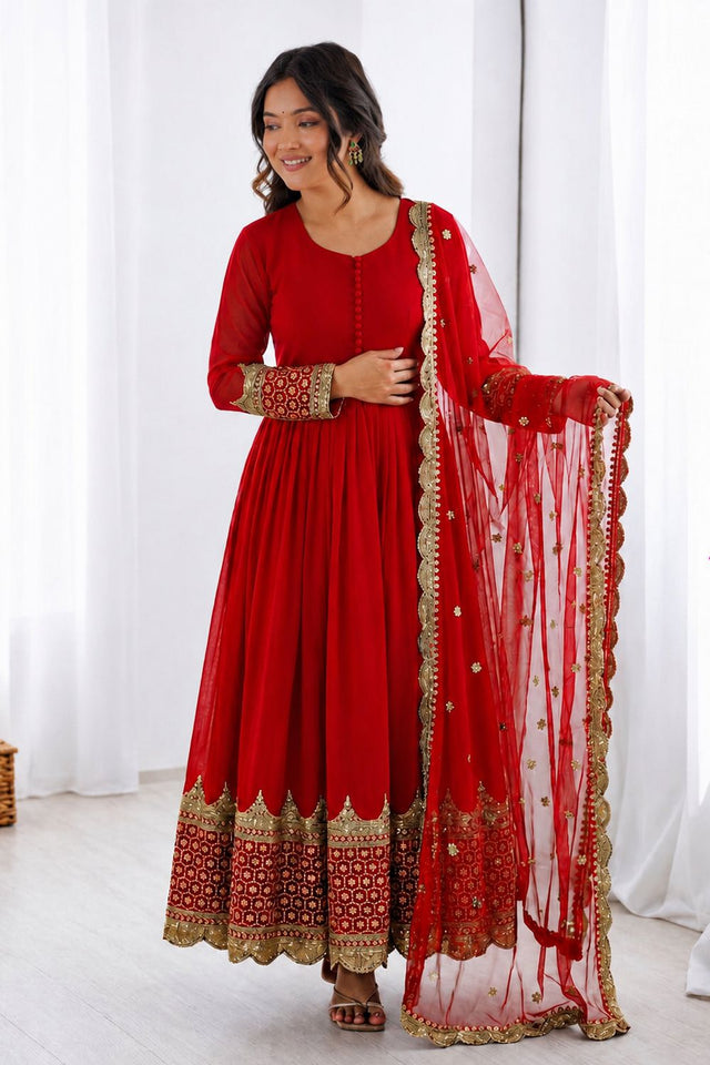 Red Embroidered Georgette Gown (ZF-194-red)