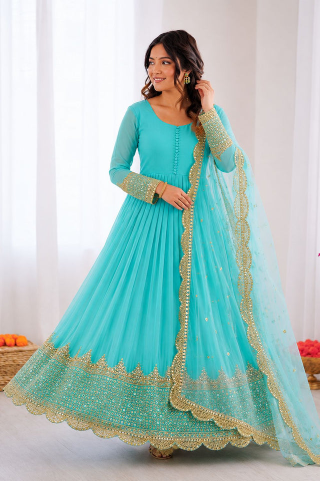 Light Blue Embroidered Georgette Gown (ZF-194-sky blue)