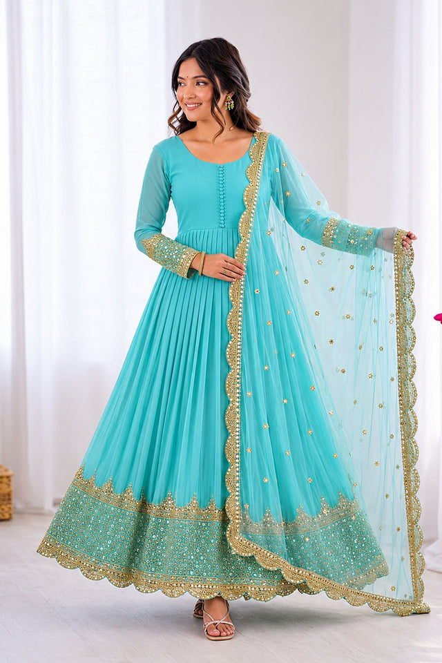 Light Blue Embroidered Georgette Gown (ZF-194-sky blue)