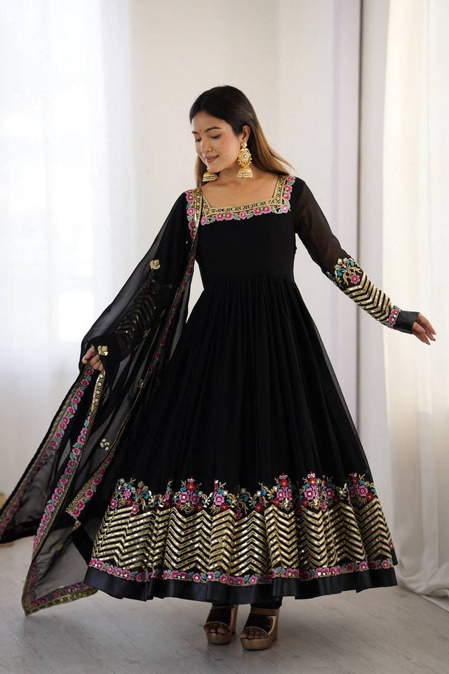 Black Floral Embroidered Georgette Anarkali Suits