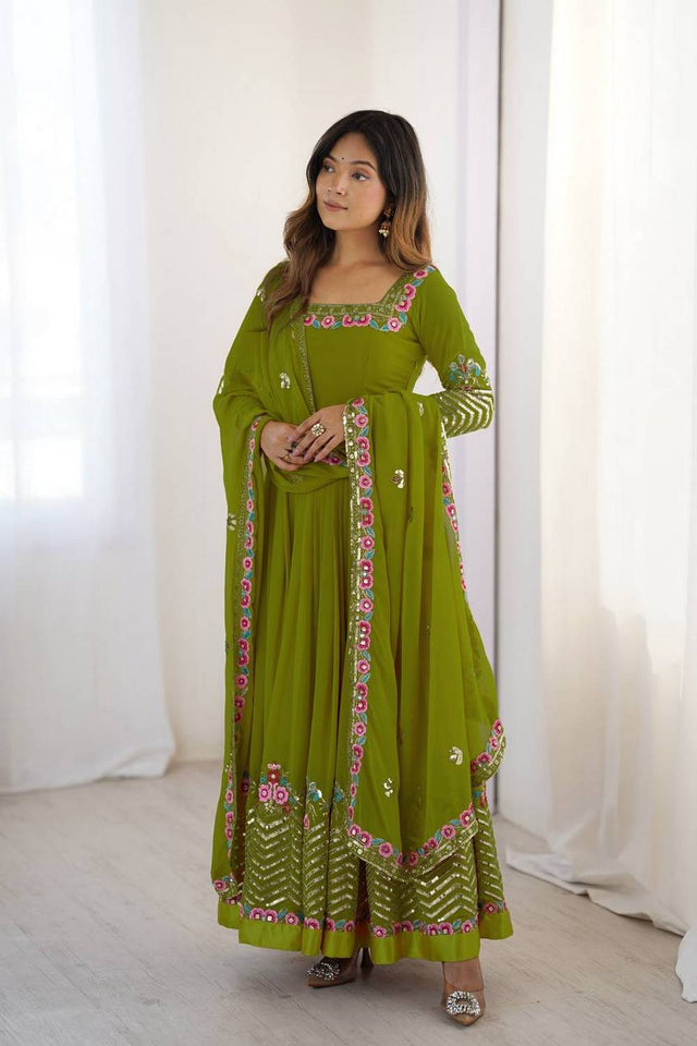 Dark Green Floral Embroidered Georgette Anarkali Suits