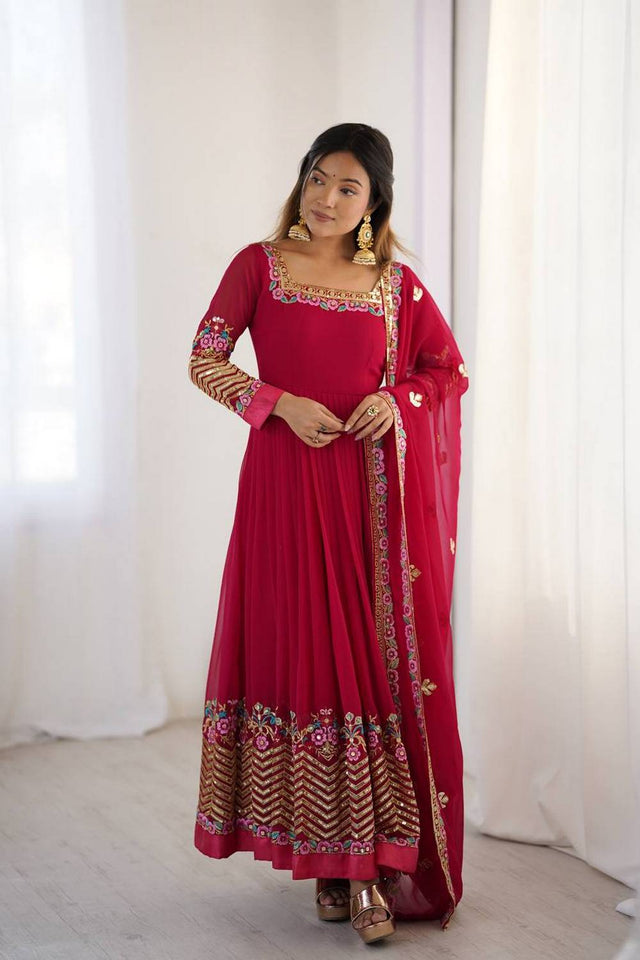 Pink Floral Embroidered Georgette Anarkali Suits