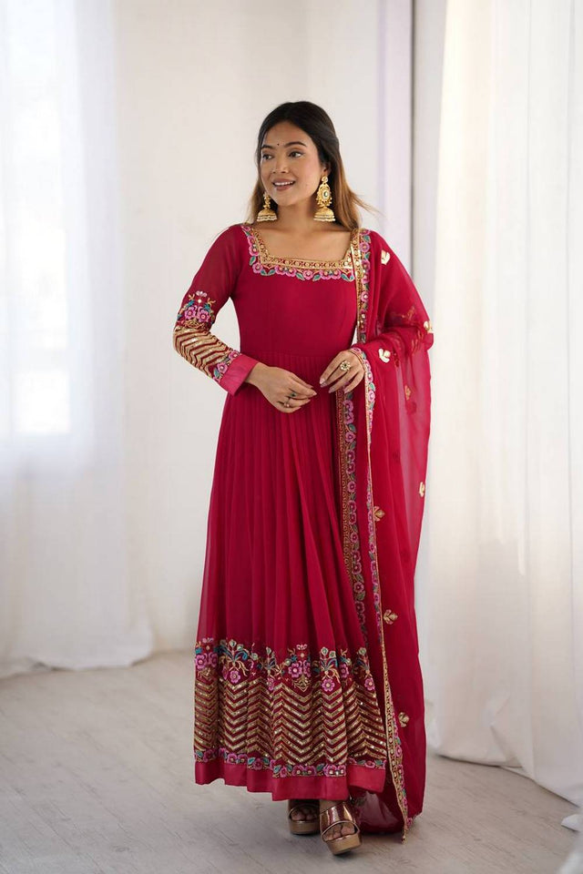 Pink Floral Embroidered Georgette Anarkali Suits