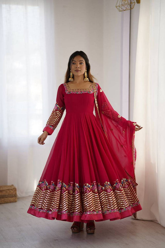 Pink Floral Embroidered Georgette Anarkali Suits