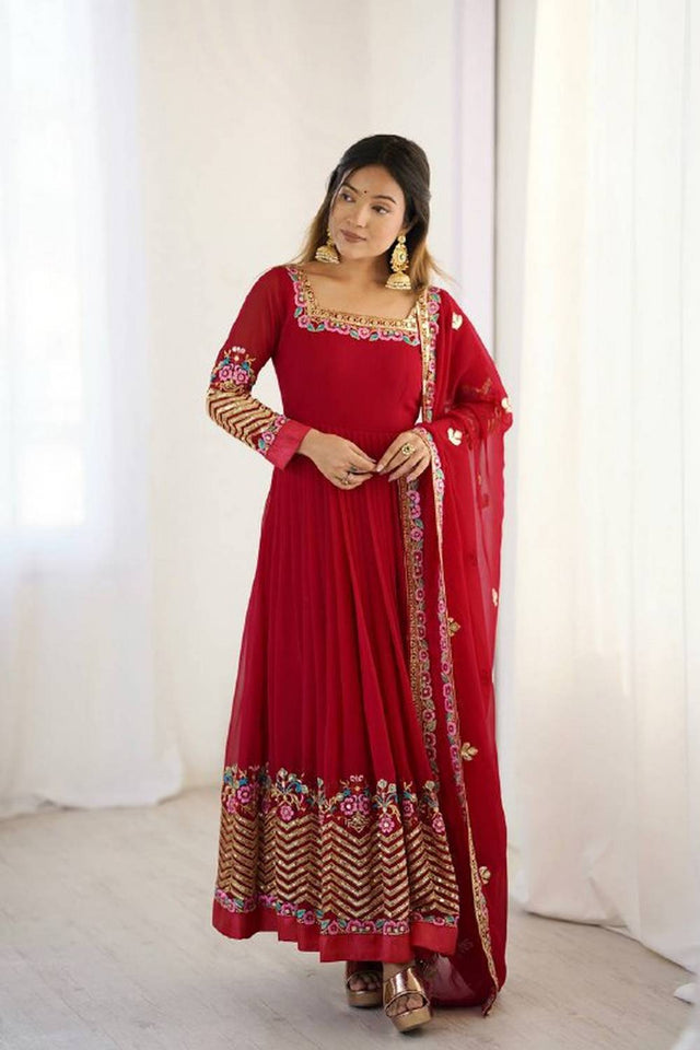 Red Floral Embroidered Georgette Anarkali Suits