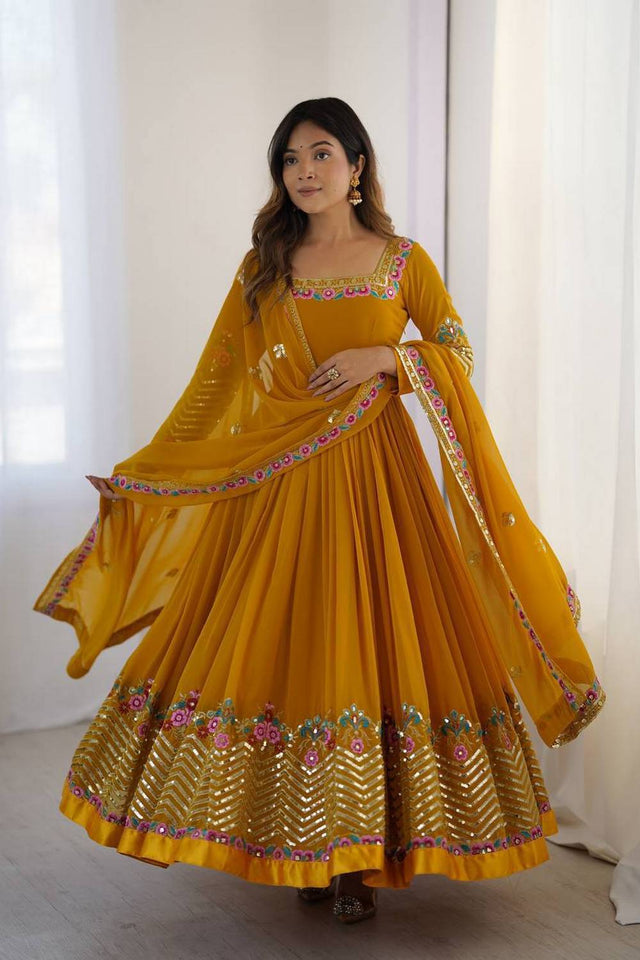 Yellow Floral Embroidered Georgette Anarkali Suits