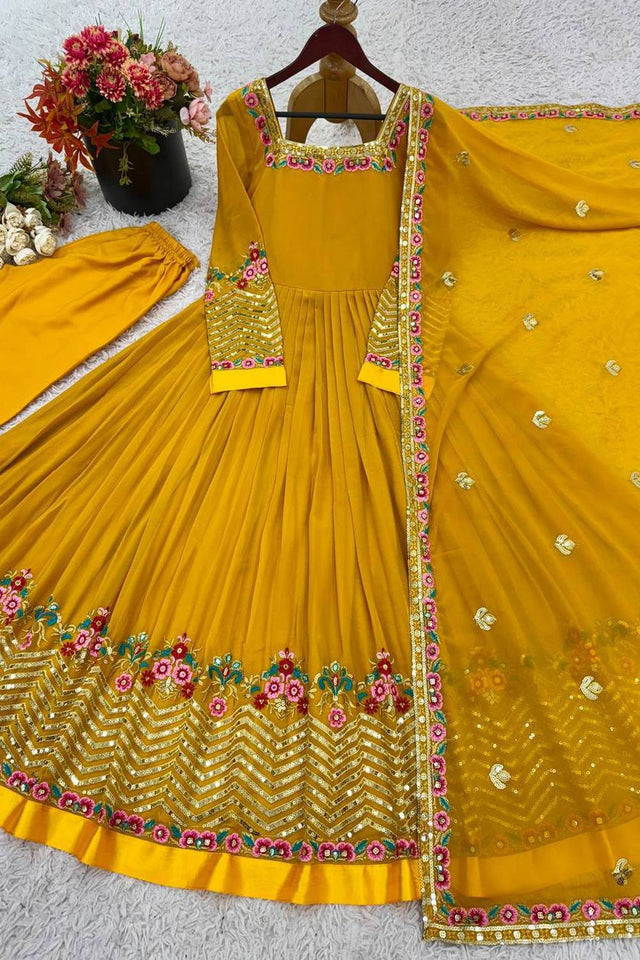 Yellow Floral Embroidered Georgette Anarkali Suits