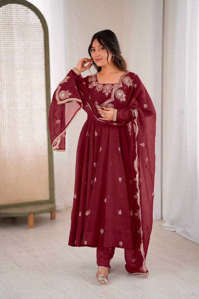 Maroon Floral Embroidered Silk Anarkali Suits