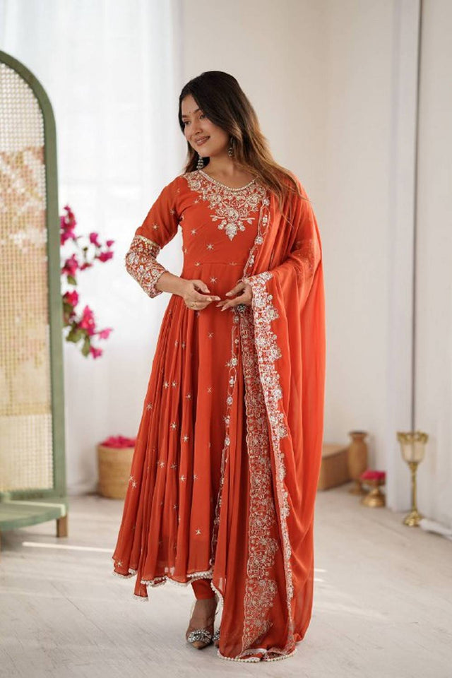 Red Sequin with Embroidered Georgette Anarkali Suits