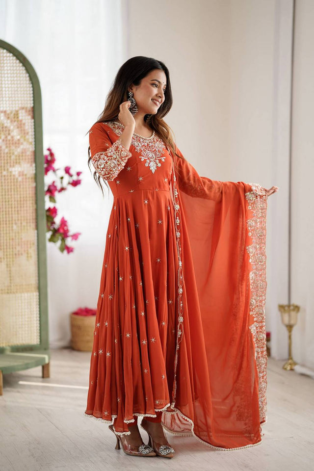 Red Sequin with Embroidered Georgette Anarkali Suits