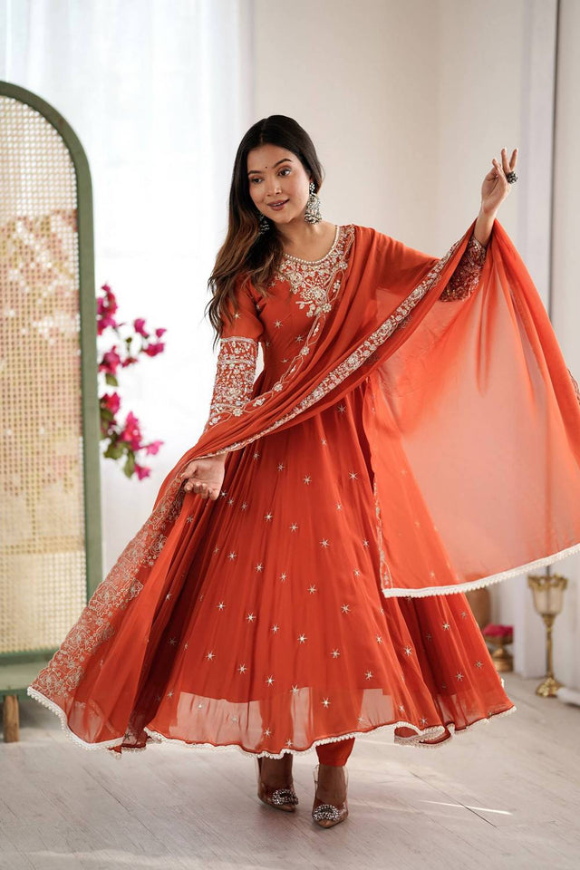 Red Sequin with Embroidered Georgette Anarkali Suits