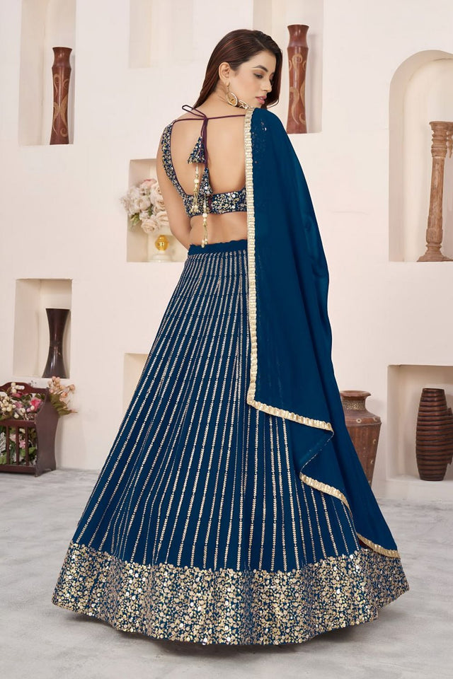 Blue Sequin with Embroidered Georgette Lehenga (ZF-5067-Blue)