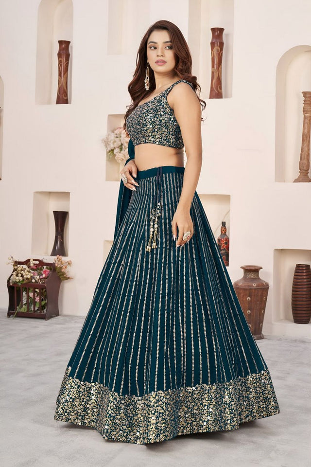 Green Sequin with Embroidered Georgette Lehenga (ZF-5067-Green)