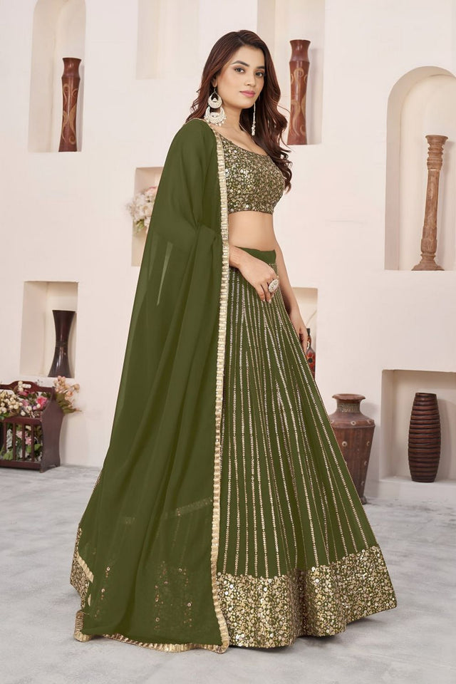 Olive Green Sequin with Embroidered Georgette Lehenga (ZF-5067-Olive)