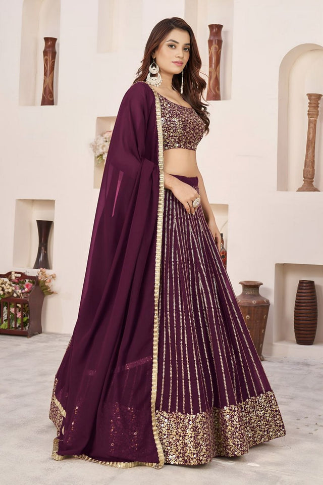 Wine Sequin with Embroidered Georgette Lehenga (ZF-5067-Wine)
