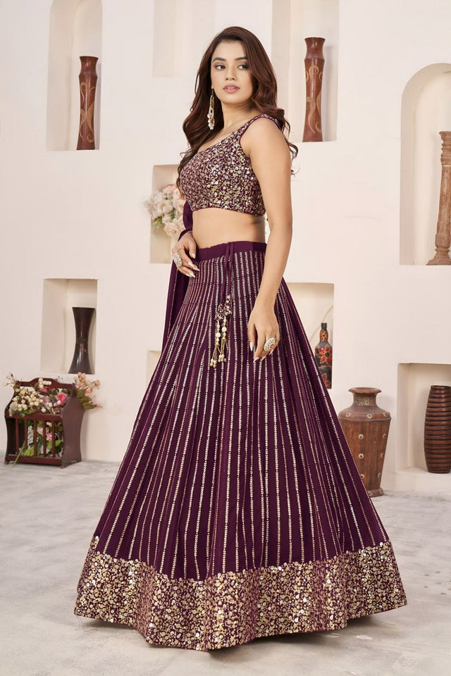 Wine Sequin with Embroidered Georgette Lehenga (ZF-5067-Wine)