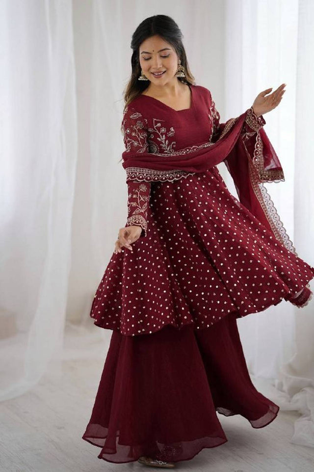 Maroon Floral Embroidered Silk Sharara Suits