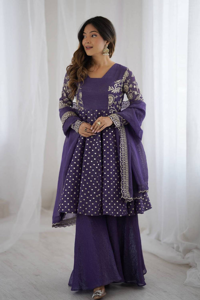 Violet Floral Embroidered Silk Sharara Suits
