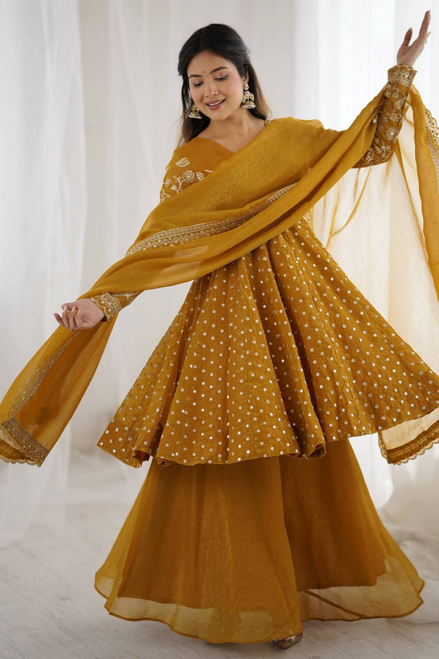 Yellow Floral Embroidered Silk Sharara Suits