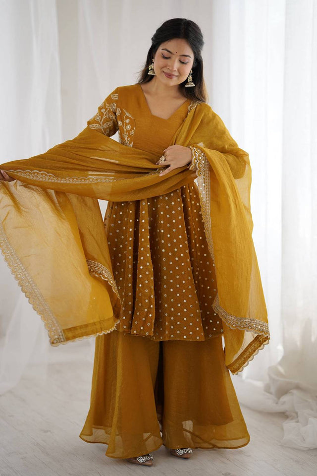 Yellow Floral Embroidered Silk Sharara Suits