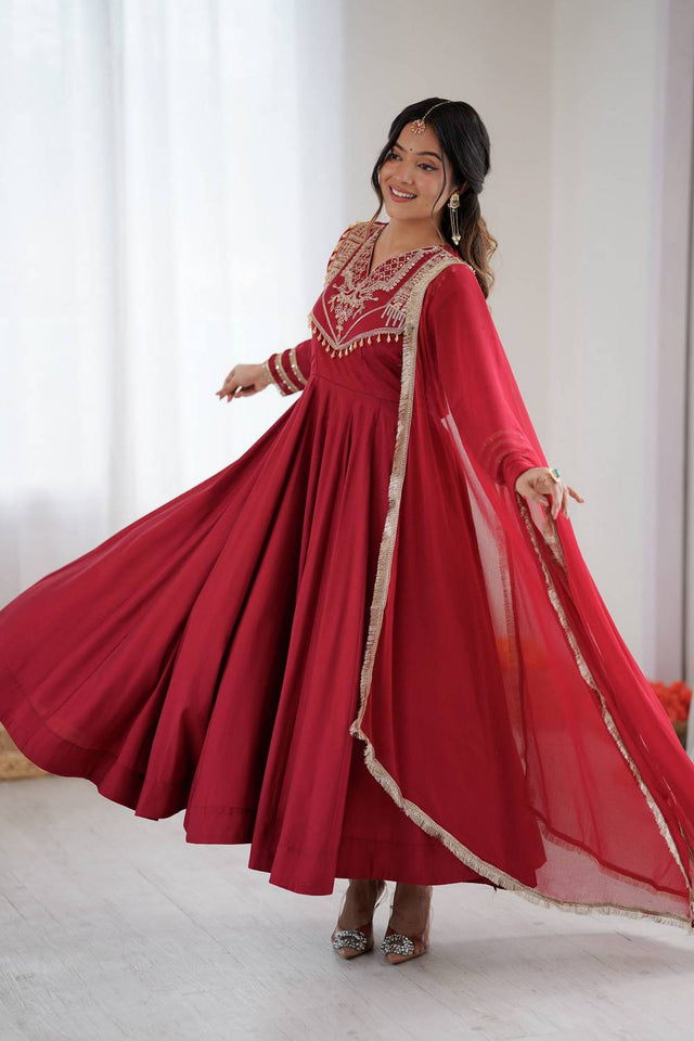 Red Embroidered Silk Anarkali Suits