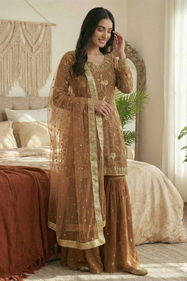 Brown Sequin with Embroidered Georgette Palazzo Suits