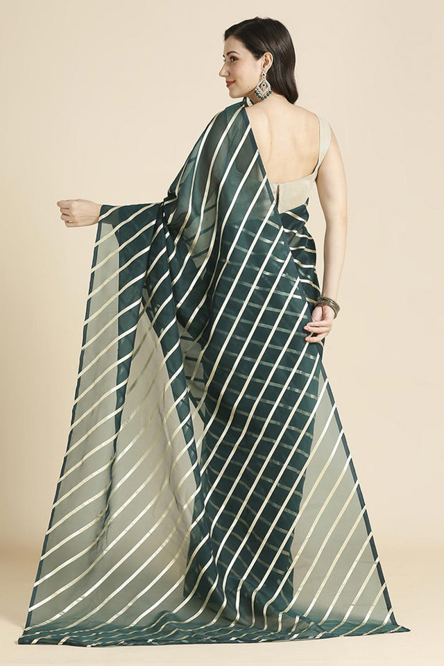 Dark Green Kota Leheriya Organza Saree With Shimmer Unstitch Blouse