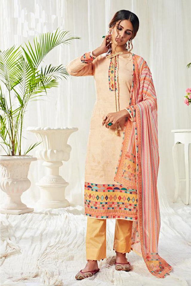 Cream Printed Cotton Kurti Pant Set