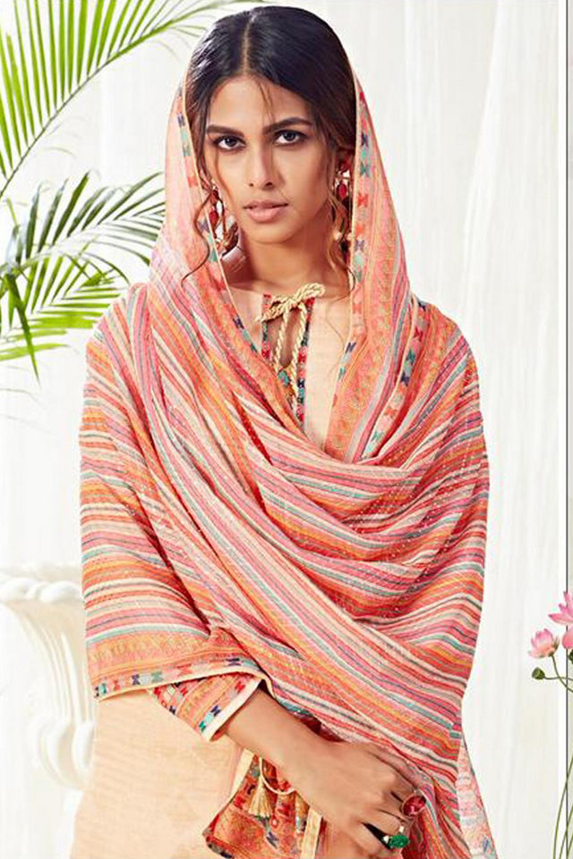 Cream Printed Cotton Kurti Pant Set