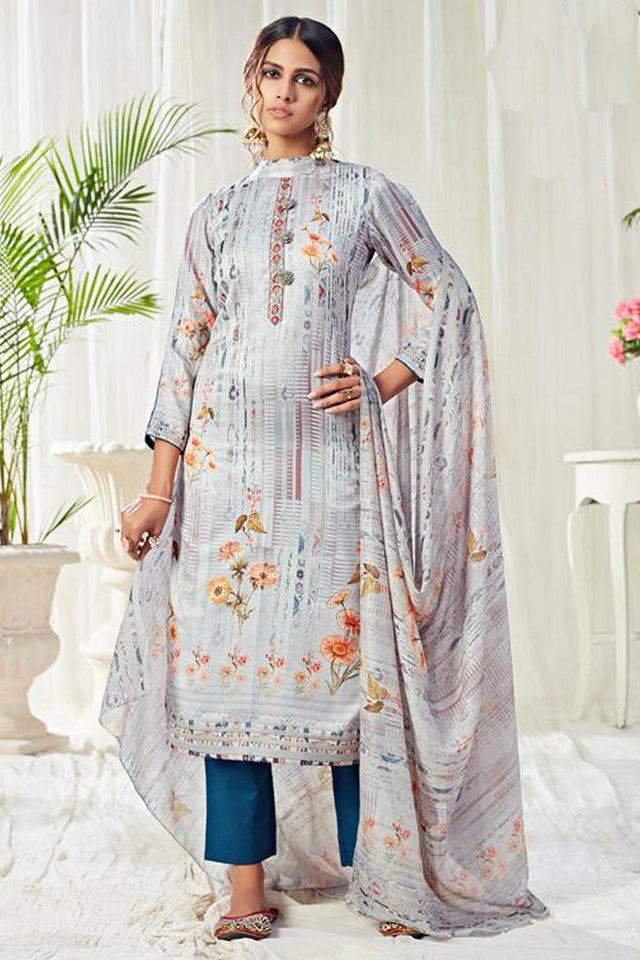 Blue Printed Cotton Kurti Pant Set